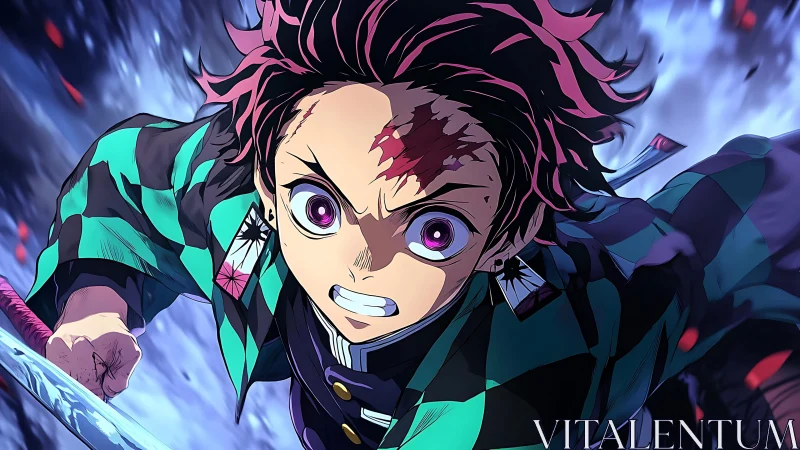 Determined anime hero charges forward with fierce courage.