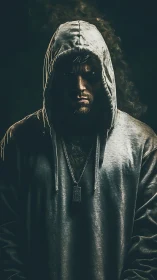 Hooded man stands in low key lighting with intense glare