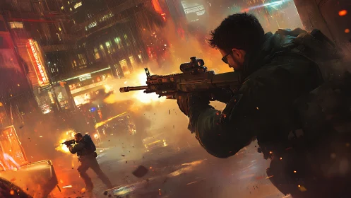 Urban firefight under neon rain in explosive crossfire.