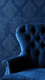 Midnight blue velvet armchair against damask wall.