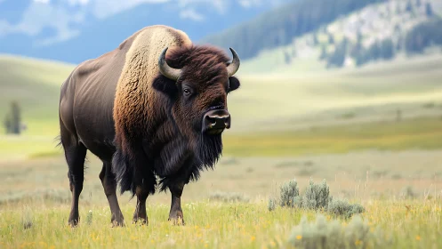 Solitary American bison stands in sharp focus on alpine meadow