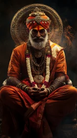 Regal holy man sits crowned in ornate spiritual finery.