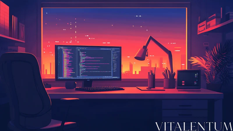 Sunset-calibrated coding workstation with urban skyline interface.