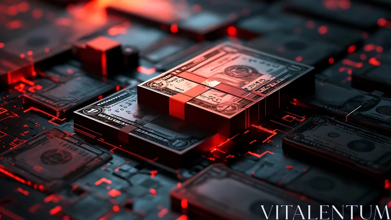 Neon currency blocks ignite a glowing digital money grid.