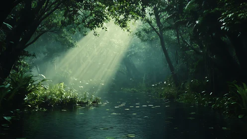Rainforest Sanctuary: Crepuscular Light Through Canopy.