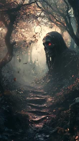Glimmering forest path meets a watchful skull spirit guardian