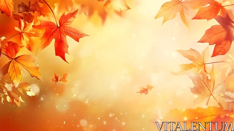 Autumn maple leaves float across a glowing golden background