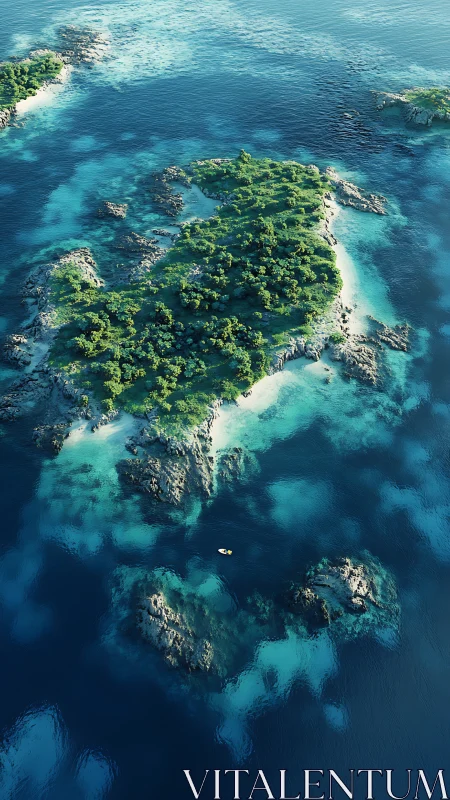 Verdant Island Cove. Crystalline Turquoise Waters Surround Forested Islet.