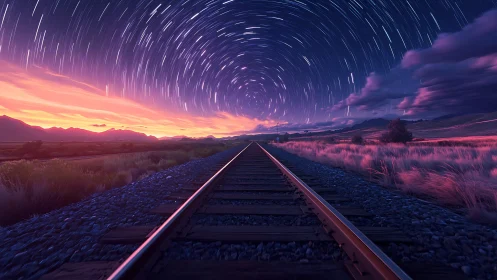 Railroad tracks align under circular star trails at dusk