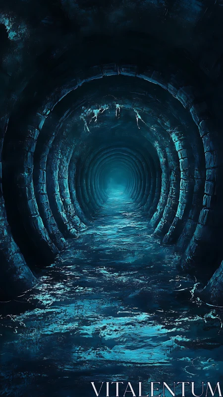 Midnight abyss tunnel glows with eerie blue reflection.