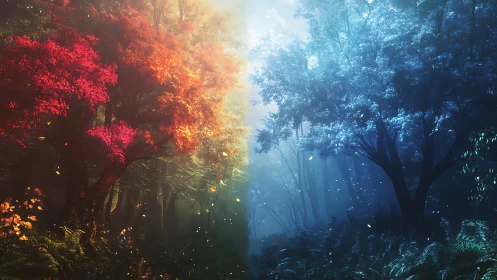 Forest scene splits into warm autumn and cool winter light