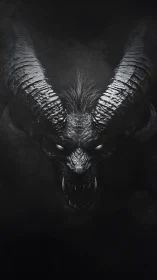 Demonic horned beast emerging from deep monochrome shadows.