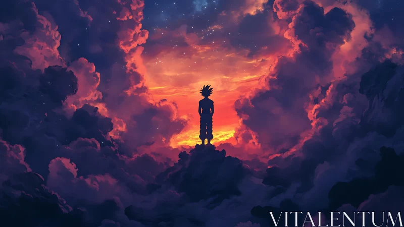 Silhouetted figure stands amid dense sunset cloud formation