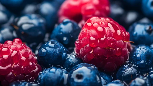 Jewel-Bright Raspberries Reigning Over Midnight Blueberries.