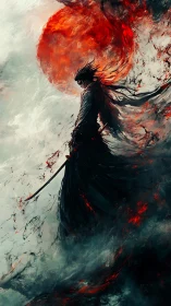 Lone warrior beneath a burning crimson eclipse sky.