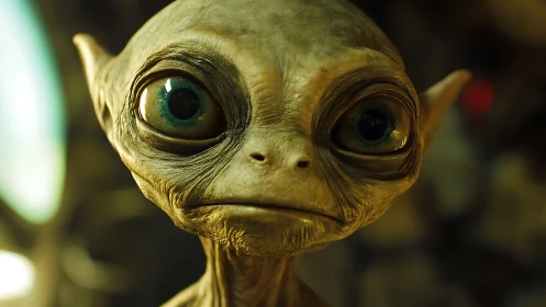 Alien portrait shows luminous eyes and textured skin closeup.
