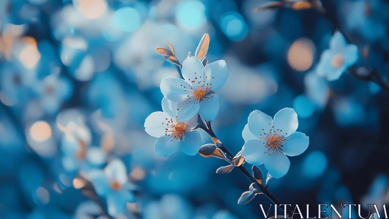 Pale blue blossoms with warm centers on bokeh background.