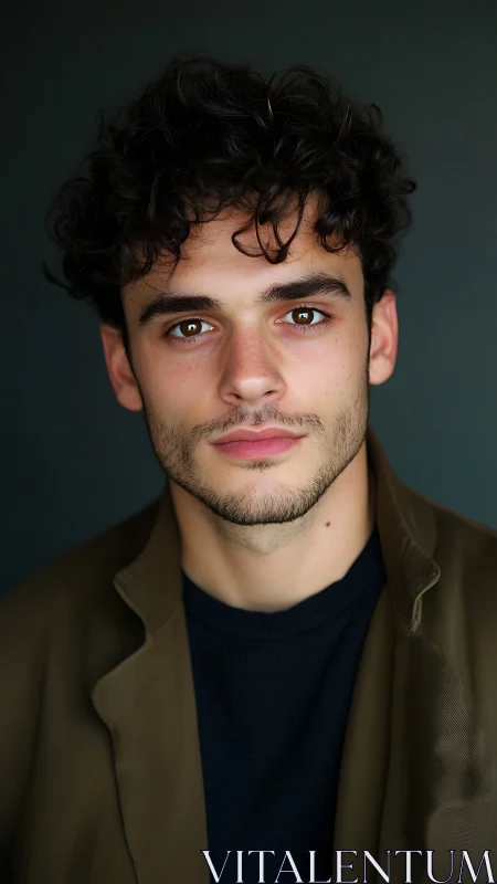 Portrait of young man with dark curls against plain background.