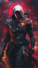 Armored hooded operative advances through incendiary nebula field