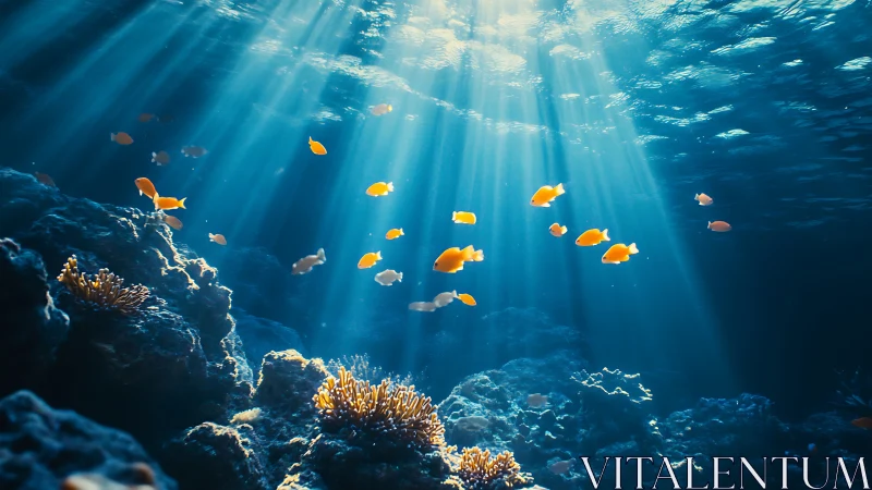 Sunlit coral reef where bright orange fish drift peacefully.