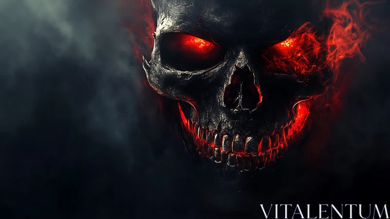 Digital skull rendering shows red internal glow and dark smoke
