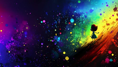 Tiny dreamer strolls along a roaring rainbow cosmos