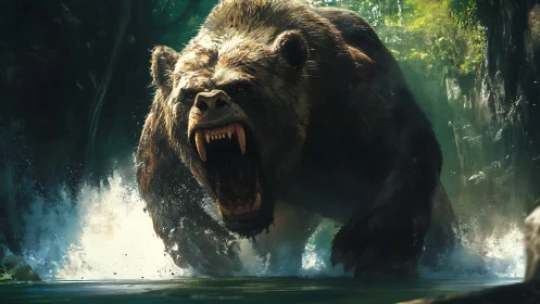 Giant prehistoric bear lunges roaring through jungle river.