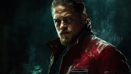 Moody portrait man in red leather jacket, smoky drama.
