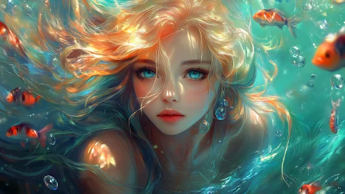 Ethereal underwater girl with luminous flowing hair and fish.