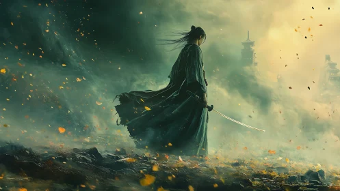 Solitary swordsman stands in windblown landscape with temples