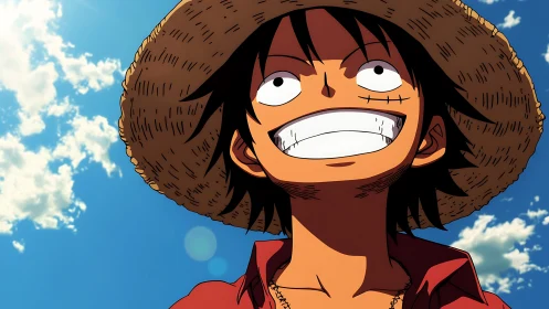Straw hat boy smiles boldly under a vivid summer sky