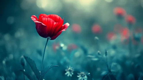 Macro floral study shows vibrant red tulip with selective focus depth of field