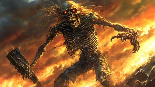 Fiery skeletal giant strides through a blazing inferno.