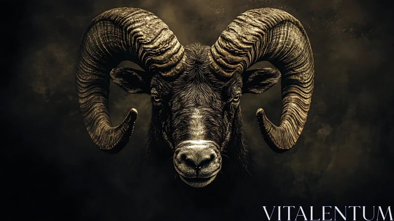 Majestic ram portrait emerges from dark, dramatic shadows