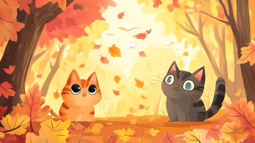 Autumn Cats in Golden Forest Light.