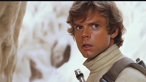 Concerned young man in beige outfit in icy cavern.