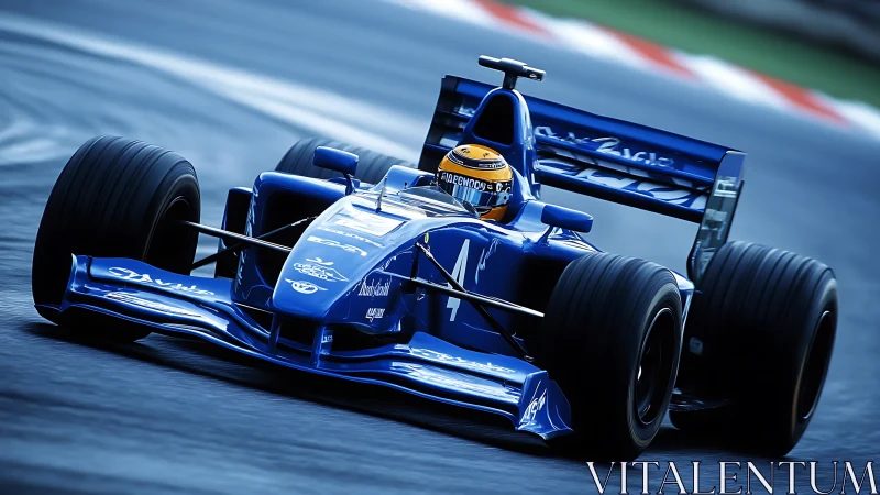 Blue single-seater race car on wet circuit cornering line.