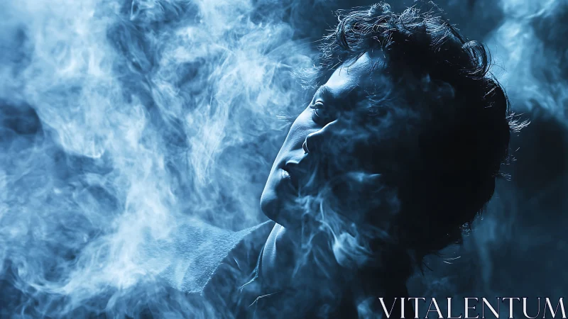 Smoke-draped profile in electric blue cinematic haze.