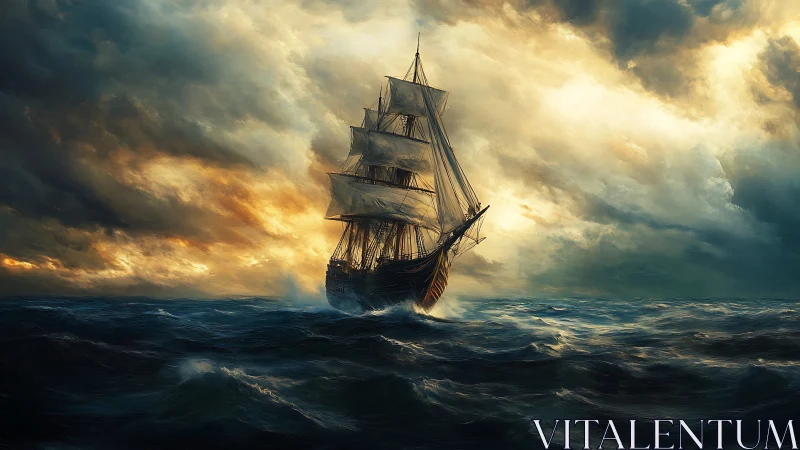Triple-masted sailing vessel cutting storm-torqued swell seas.