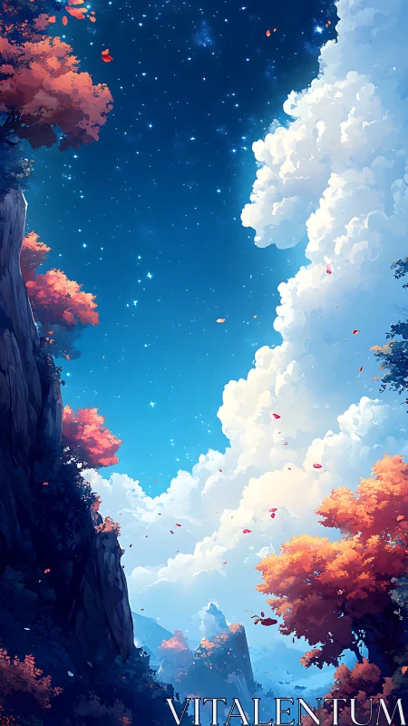 Starry mountain valley glows beneath towering sunset clouds