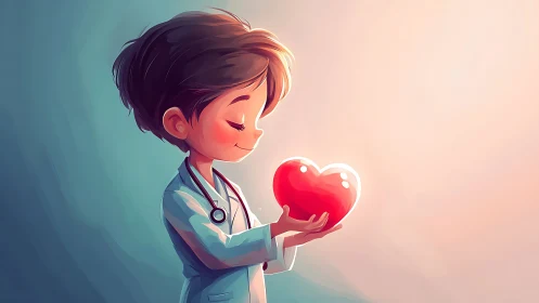 Compassionate Doctor Holding Red Heart Against Gradient Sky