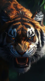 Snarling tiger lunges from shadow with intense golden glare