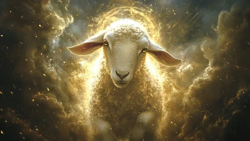 Radiant lamb ascending through stormlit celestial clouds.