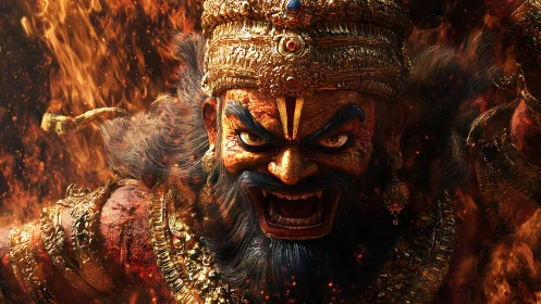 High-detail 3D demon deity bust with ornate armor amid volumetric fire