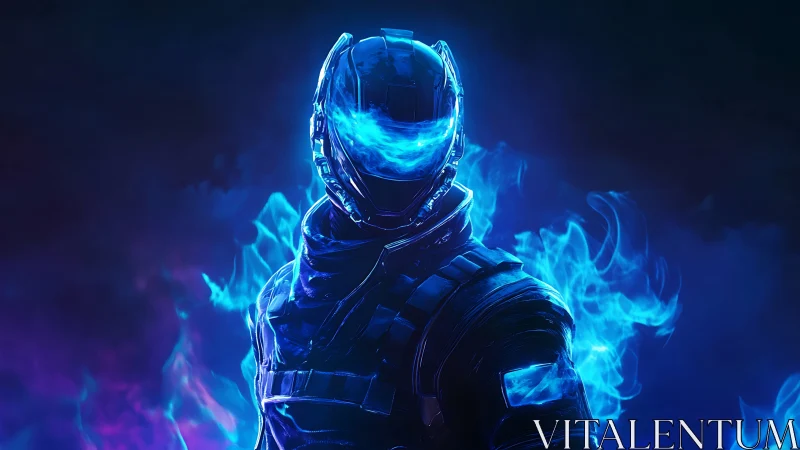 Cybernetic soldier in blue plasma armor with energized visor