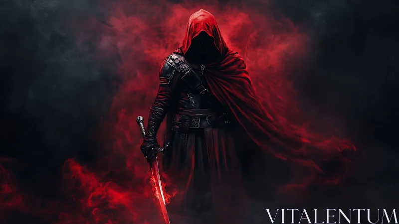 Red hooded swordsman emerges from swirling crimson smoke.