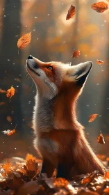 Red fox watches drifting autumn leaves in golden forest