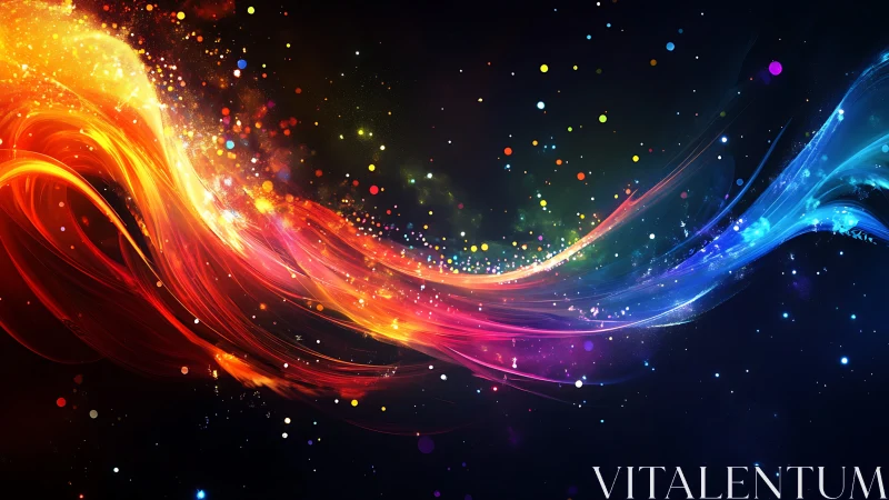 Flowing spectrum light trails over dark abstract space.