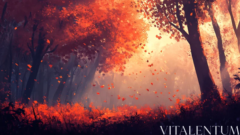 Autumnal Forest Corridor: Incandescent Foliage Dispersion Through Atmospheric Haze.