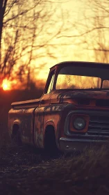 Rusting pickup truck beside field at fiery country sunset.